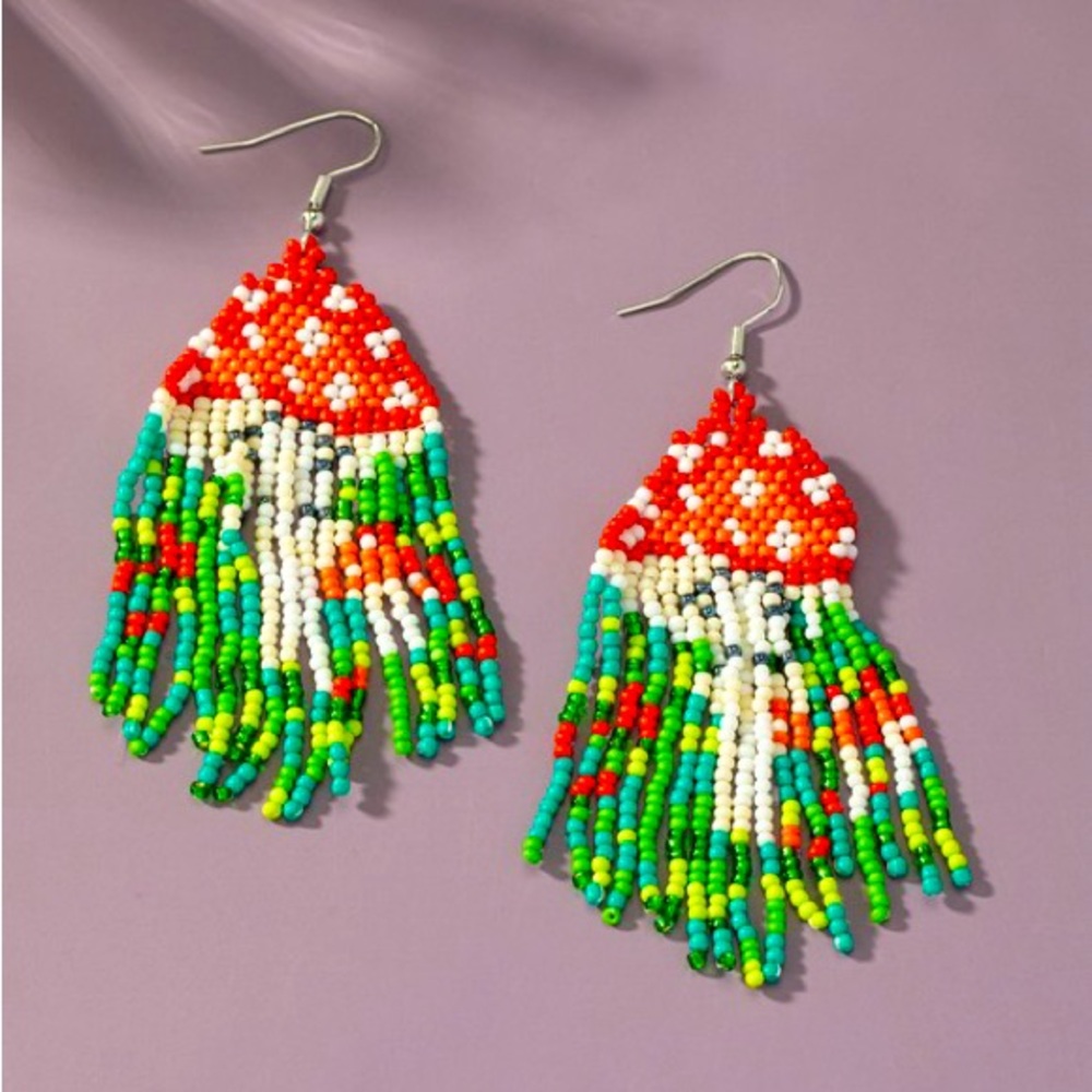 Handmade Folk Toadstool Mushroom Seed Bead Earrings